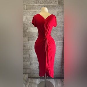 Rolla Coster Red Midi Dress Small | Twist Front Bodycon Wrap Style Short Sleeve